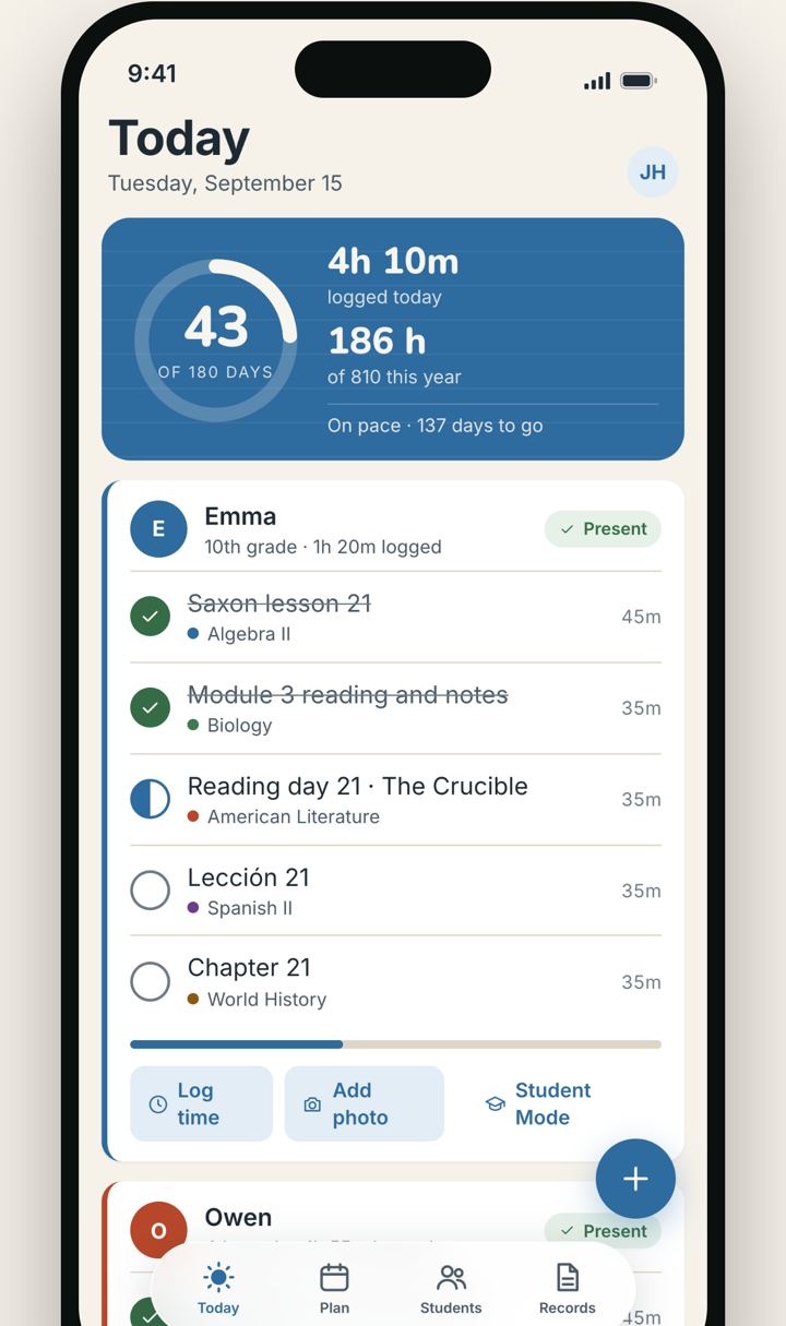 The Today screen: 43 of 180 days, 4 hours 10 minutes logged, and each child's lessons for the day with the finished ones checked off