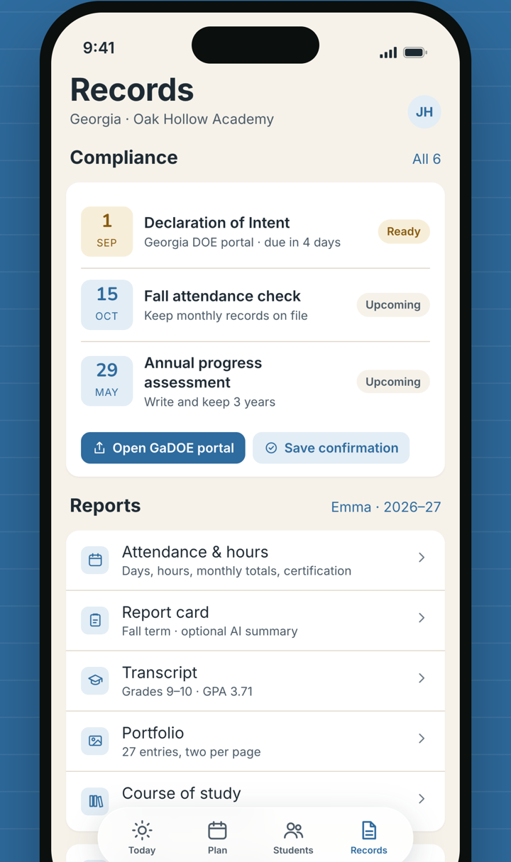 The Records screen with the Declaration of Intent marked ready and the reports list