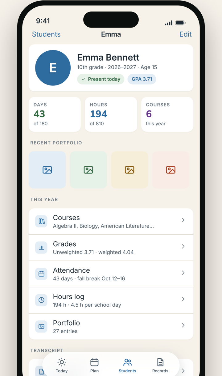 Emma's student page: 43 days, 194 hours, 6 courses, a GPA of 3.71, and the transcript ready to print