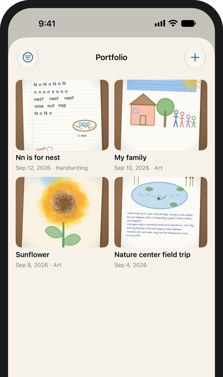 A child's portfolio: photos of a handwriting page, a crayon drawing, a watercolor sunflower, and a nature journal