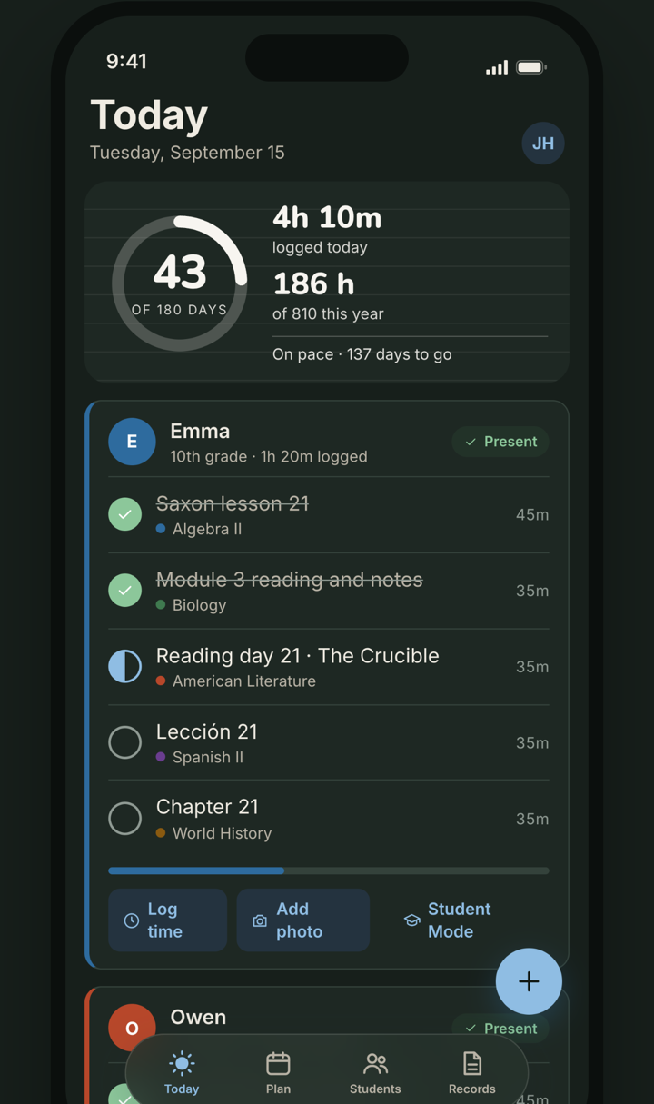 The Today screen in dark mode with lessons checked off