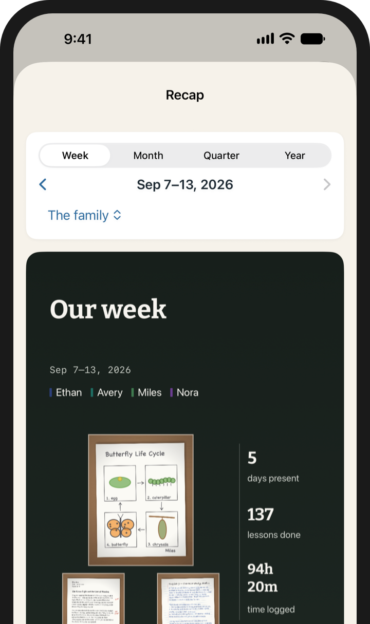 Our week: five days present, lessons done, hours logged, and three pieces of the children's work on a chalkboard card