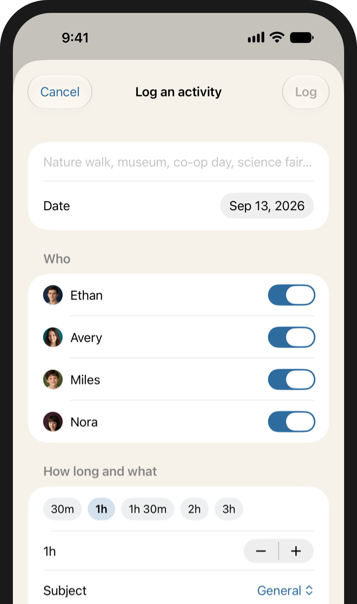 Log an activity: a title, the date, all four children ticked, how long, and the subject