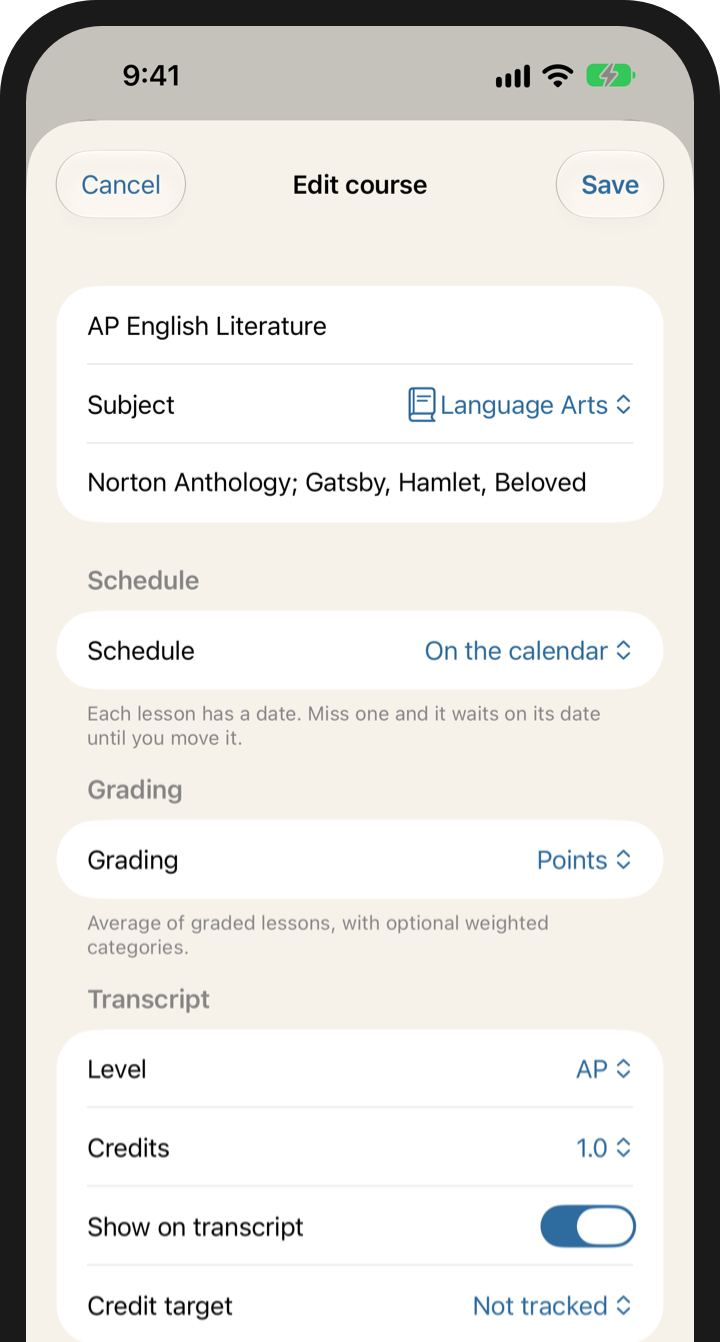 Editing the AP English Literature course: subject Language Arts, graded by points, and under Transcript, Level AP and Credits 1.0, with Show on transcript switched on