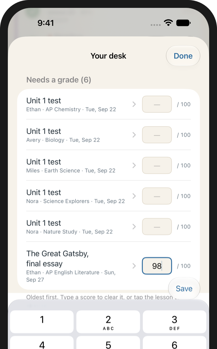 Your desk, Needs a grade: unit tests for each child, and a 98 out of 100 being typed for Ethan's Great Gatsby final essay