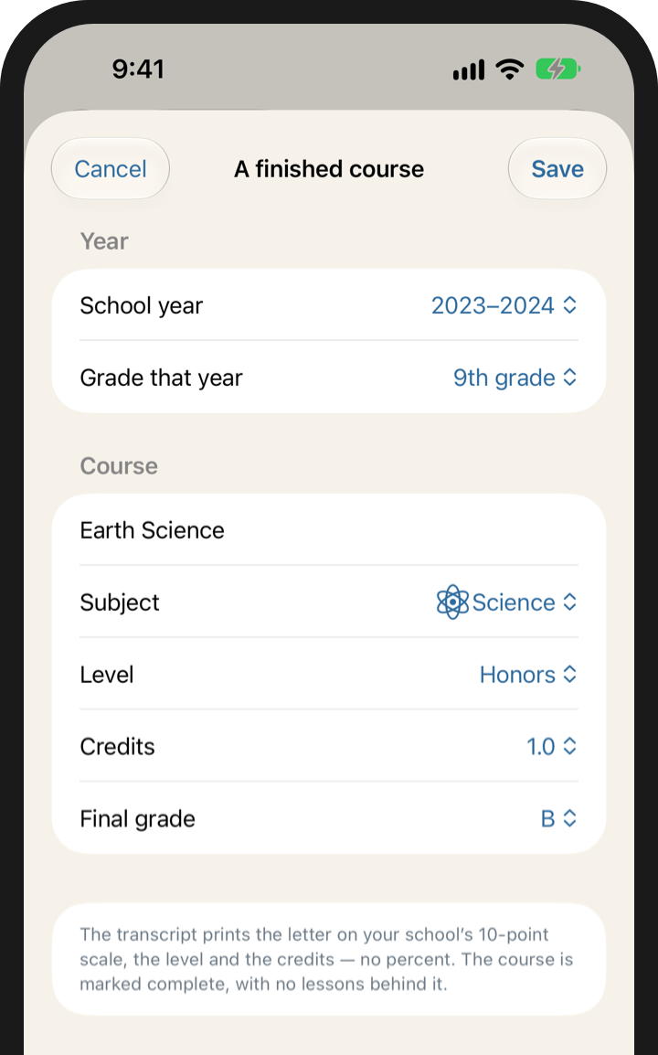 Adding a finished course from a past year: 2023–2024, 9th grade, Earth Science, Science, Honors, 1.0 credit, final grade B
